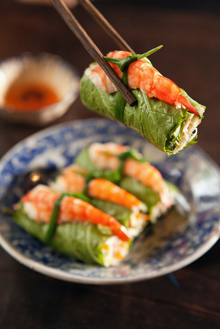 VIETNAM, Saigon, Cuc Gach Quan restaurant in District 1, Vietnamese spring rolls topped with a shrimp, Ho Chi Minh City