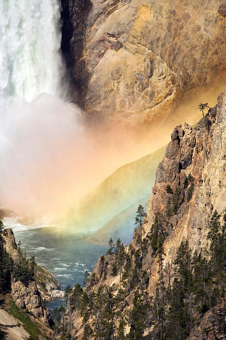 USA, Wyoming, Yellowstone Falls and River with rainbow, Yellowstone National Park