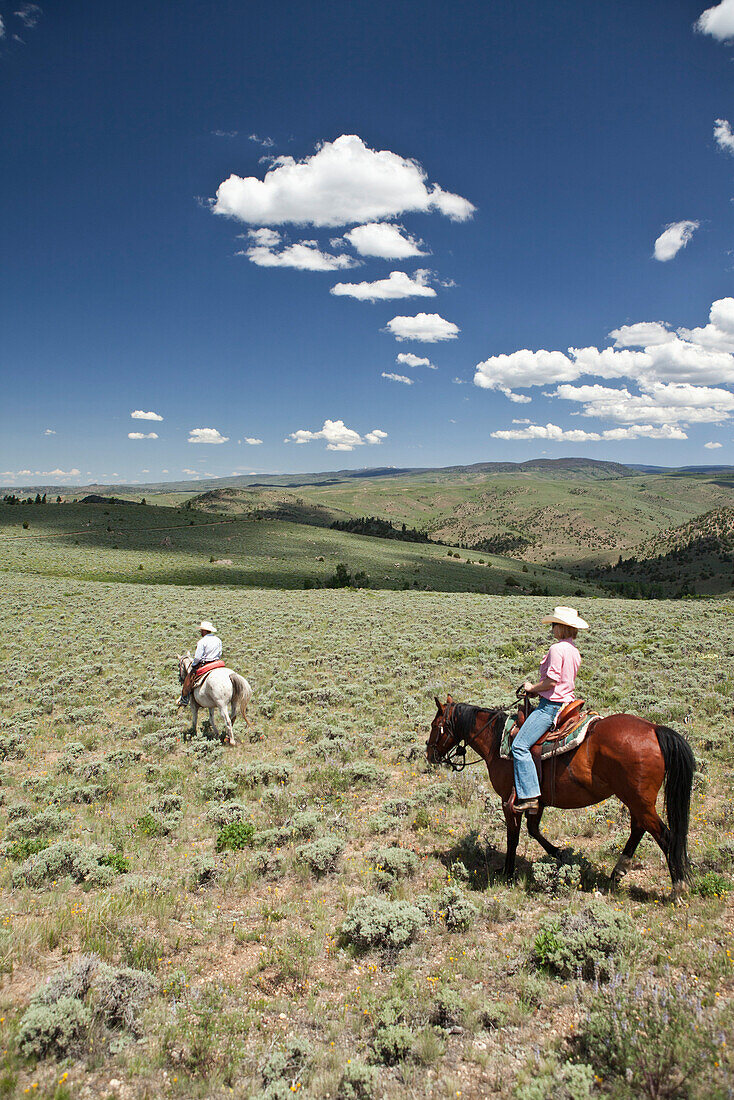 USA, Wyoming, Encampment, a cowboy and cowgirl ride through an endless landscape, Abara Ranch