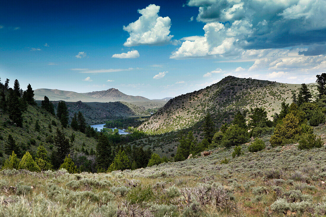 USA, Wyoming, Encampment, view down a valley with the North Platte River in the distance, AbarA Ranch