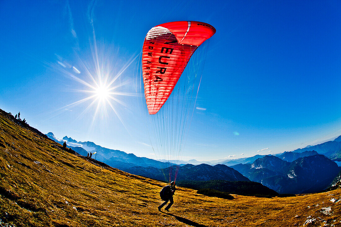 Paraglider am Krippenstein, Dachsteingebirge, Oberösterreich, Österreich