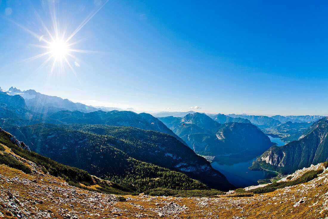 Krippenstein with view over Lake Hallstatt, Dachstein Mountains, Salzkammergut, Austria