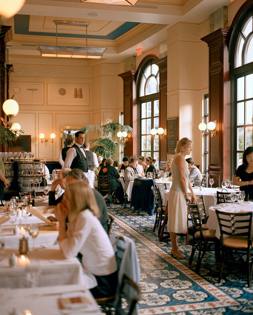 USA, Nevada, Las Vegas, people sitting in Bouchon Restaurant.