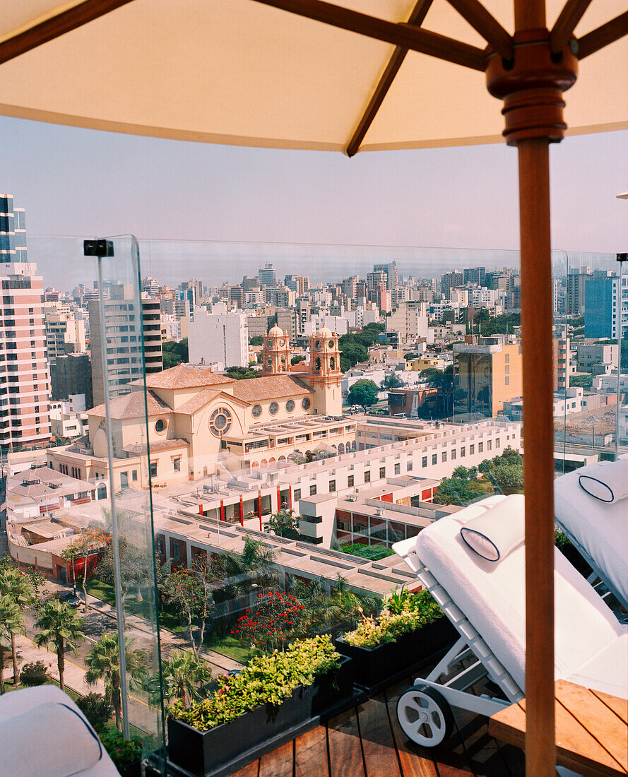 PERU, Lima, South America, Latin America, A view of Lima from the rooftop deck of the Miraflores Park Hotel.