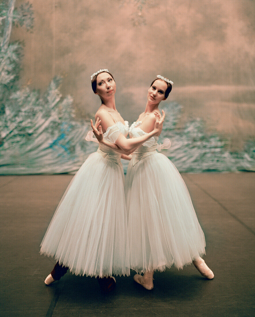 RUSSIA, Moscow, two young Bolshoi ballerinas practicing before a performance at the Bolshoi Theatre.