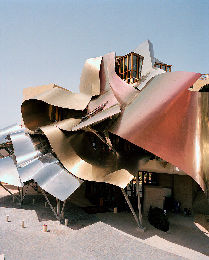 SPAIN, Frank Gehry, Elciego, La Rioja, Marques de Riscal Hotel facade.