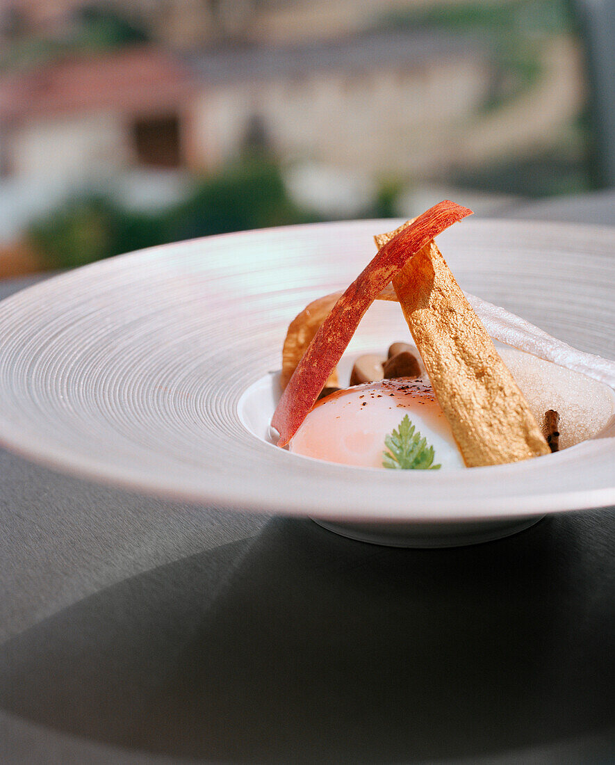 SPAIN, a dish called Gehry Eggs made by Chef Francis Paniego at the restaurant at Marques De Riscal.
