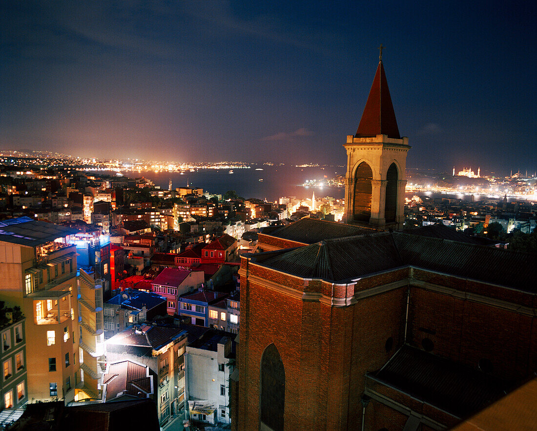 TURKEY, Istanbul, high angle view of Beyoglu District at night