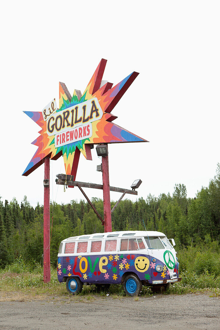 ALASKA, Talkeetna, a painted peace wagon 15 miles south of Talkeetna near Willow Creek