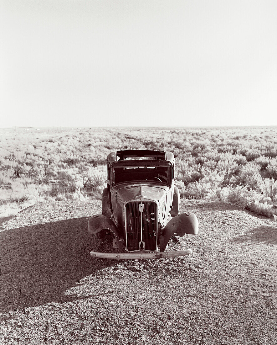 USA, Arizona, historic ford truck, Petrified Forest National Park, Painted Desert (B&W)