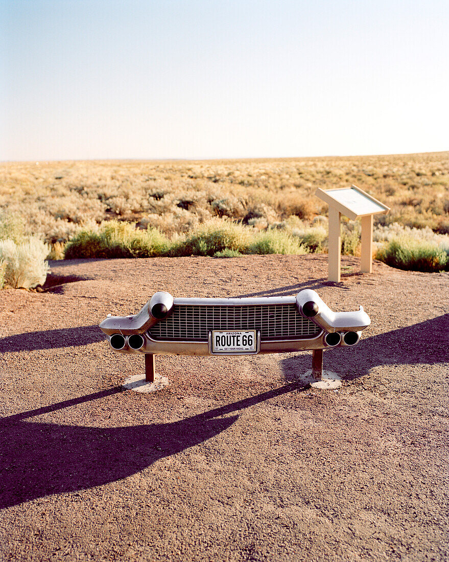 USA, Arizona, historic car bumper, Petrified Forest National Park, Painted Desert