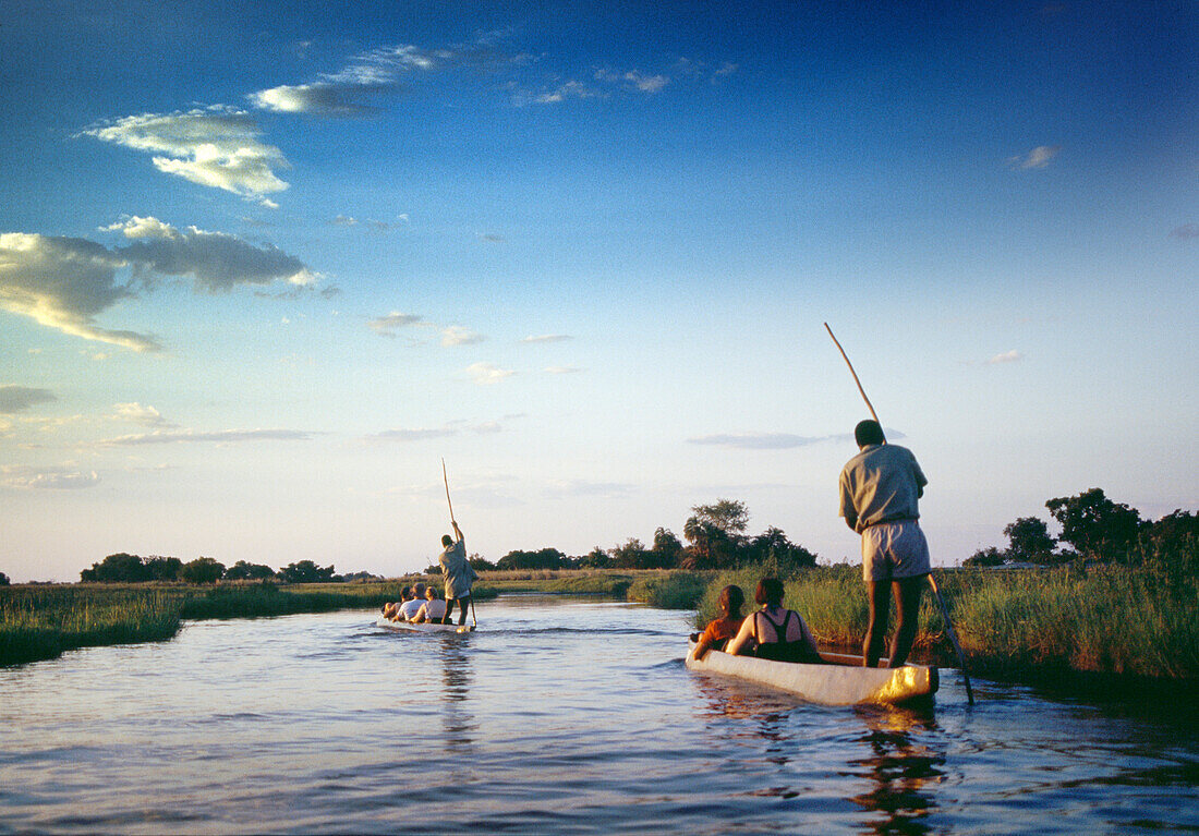 BOTSWANA, Africa, Okavango Delta, Exploring the Okavango River in a Dugout Canoe at dusk