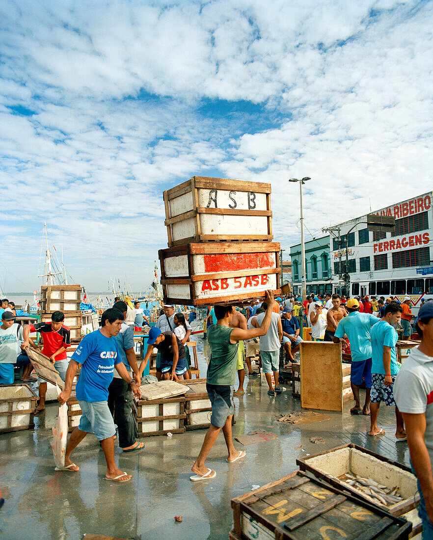 BRAZIL, Belem, South America, a man carrying boxes on his head, Ver-O-Peso fish market