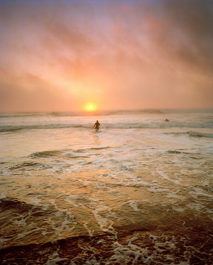 USA, California, surfer getting into the water at sunset, Ocean Beach, San Francisco