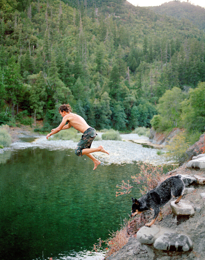 USA, California, young man jumping into the Salmon River, Forks of Salmon