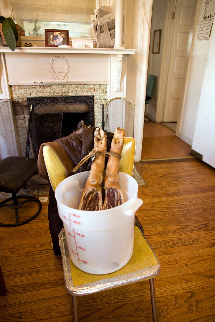 USA, California, Organic pig legs in a bucket, Oakland