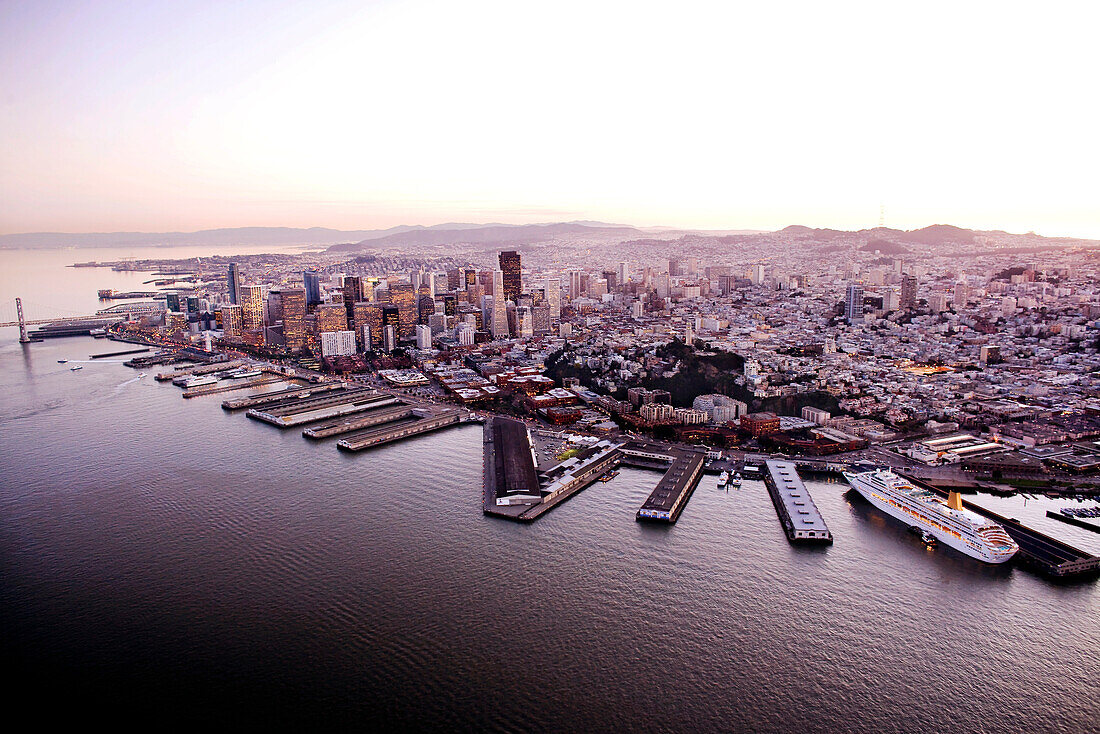 USA, California, San Francisco, View of San Francisco and San Francisco bay from the Airship Ventures Zepplin, Bay Bridge