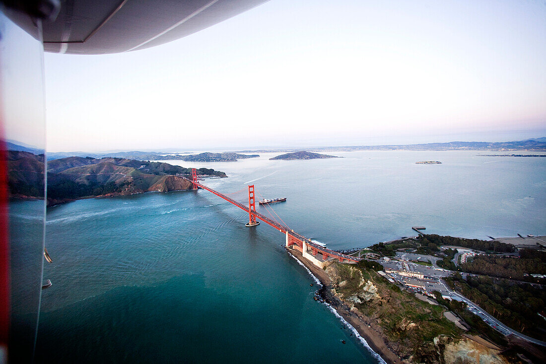 USA, California, San Francisco, View of the San Francisco Bay from the Airship Ventures Zepplin, Golden Gate Bridge