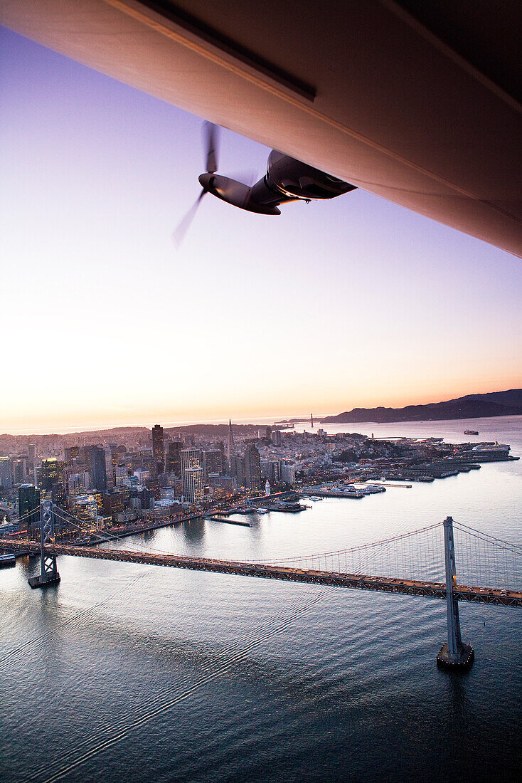 USA, California, San Francisco, View of San Francisco and the San Francisco Bay from the Airship Ventures Zepplin, Bay Bridge