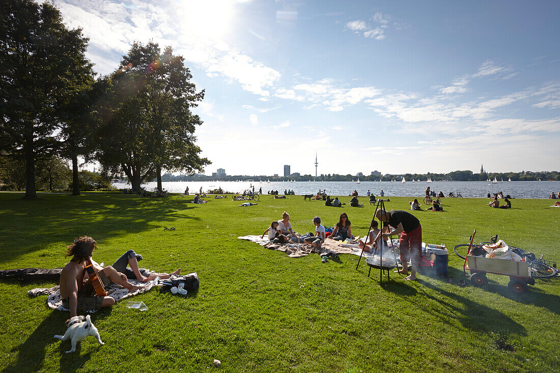Barbeque on the Schwanenwik lawn, Alsterpark, east bank of the Outer Alster Lake, Aussenalster, Hamburg, Germany
