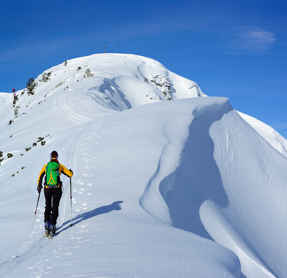 Frau auf Skitour steigt über Grat zu Großer Traithen auf, Wendelstein im Hintergrund, Mangfallgebirge, Bayerische Alpen, Oberbayern, Bayern, Deutschland