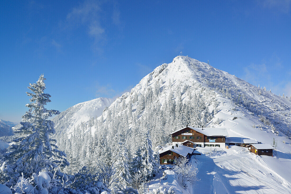 Blick auf tief verschneiten Herzogstand und Herzogstandhaus, Herzogstand, Bayerische Alpen, Oberbayern, Bayern, Deutschland