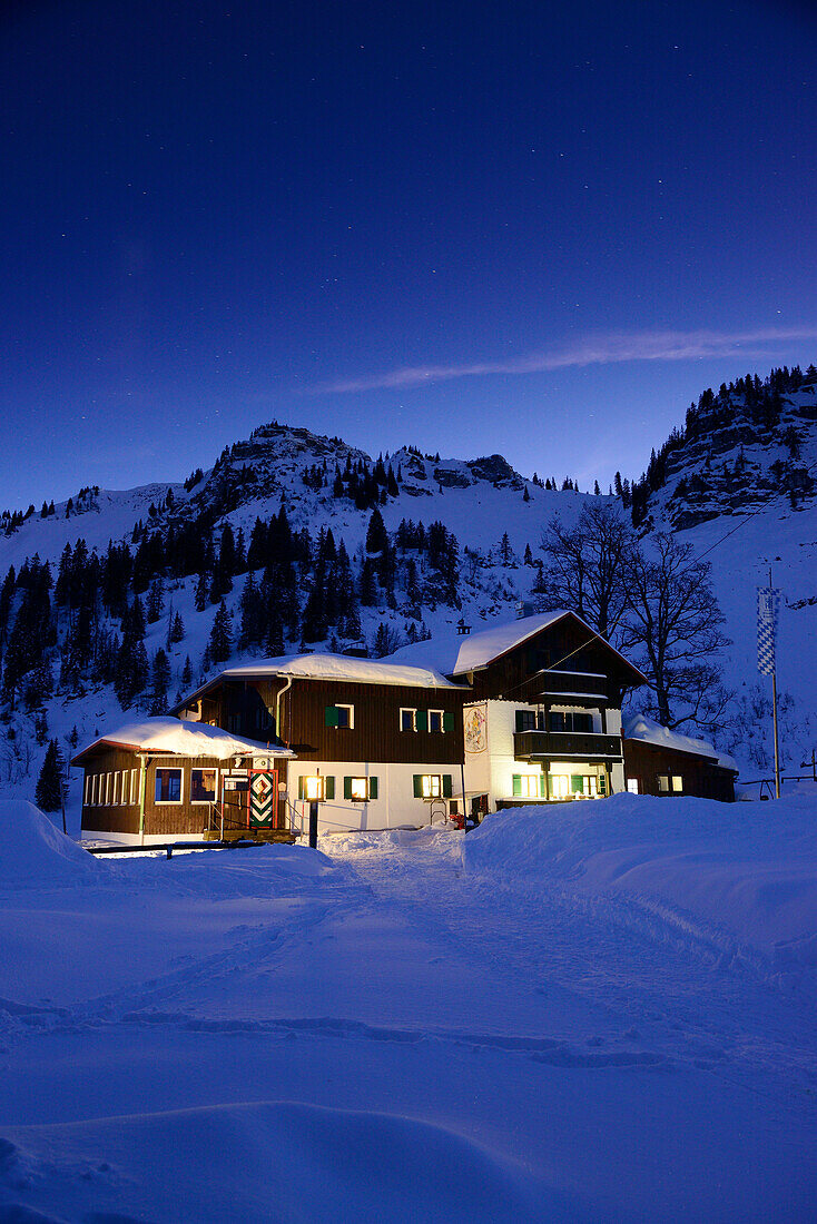 Bodenschneidhaus alpine hut, illuminated at night, in front of Bodenschneid, Bodenschneid, lake Schliersee, Bavarian Alps, Upper Bavaria, Bavaria, Germany