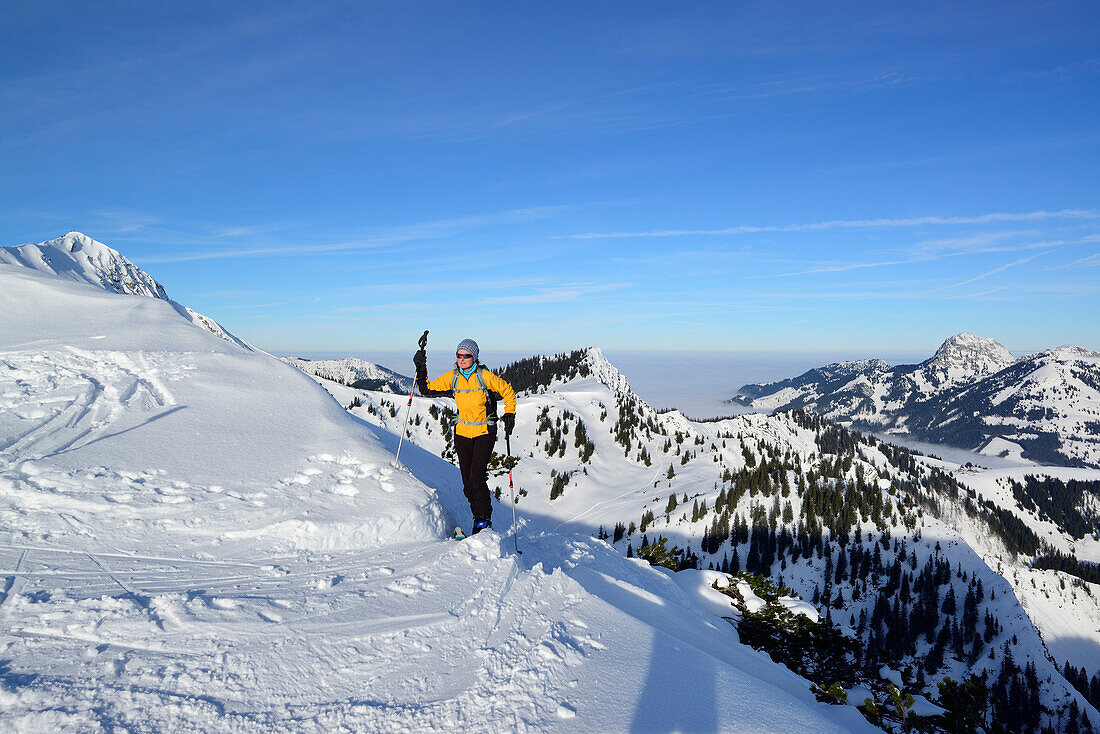 Female back-country skier ascending to Grosser Traithen, Wendelstein in background, Mangfall range, Bavarian Alps, Upper Bavaria, Bavaria, Germany
