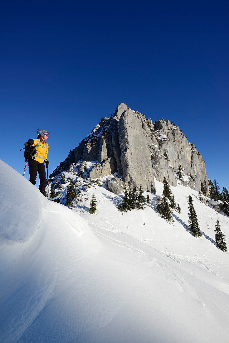 Female backcountry skier standing in front of mount Blankenstein, Bavarian Alps, Upper Bavaria, Bavaria, Germany