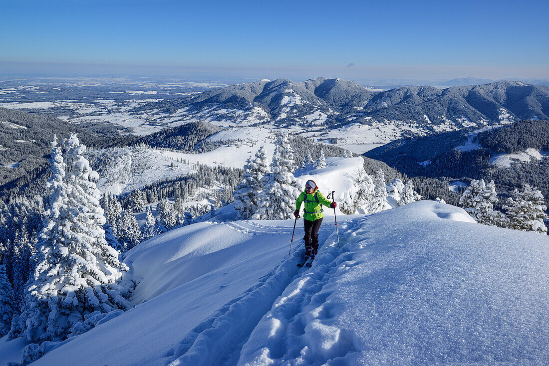 Frau auf Skitour steigt zum Teufelstättkopf auf, Hörnle im Hintergrund, Ammergauer Alpen, Oberbayern, Bayern, Deutschland