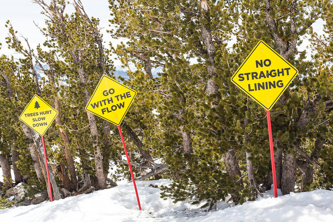 Piste warning signs, Heavenly ski resort, California, USA