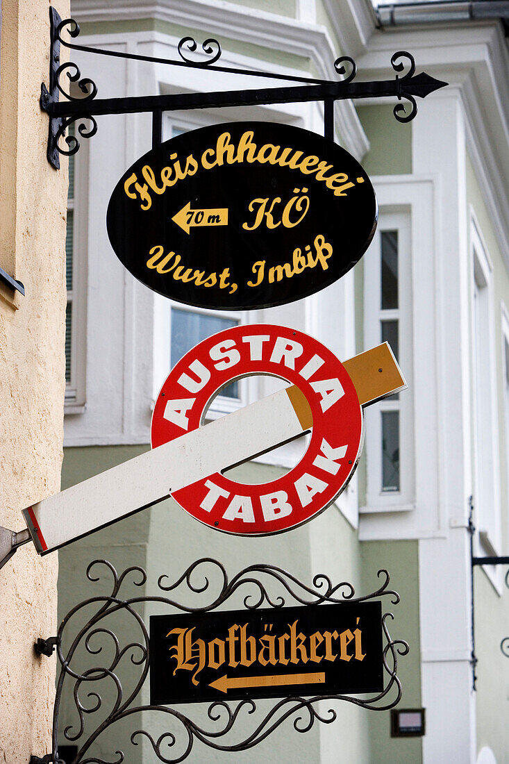 Shop signs on the market square, Hauptmarkt, Linz, Upper Austria, Austria