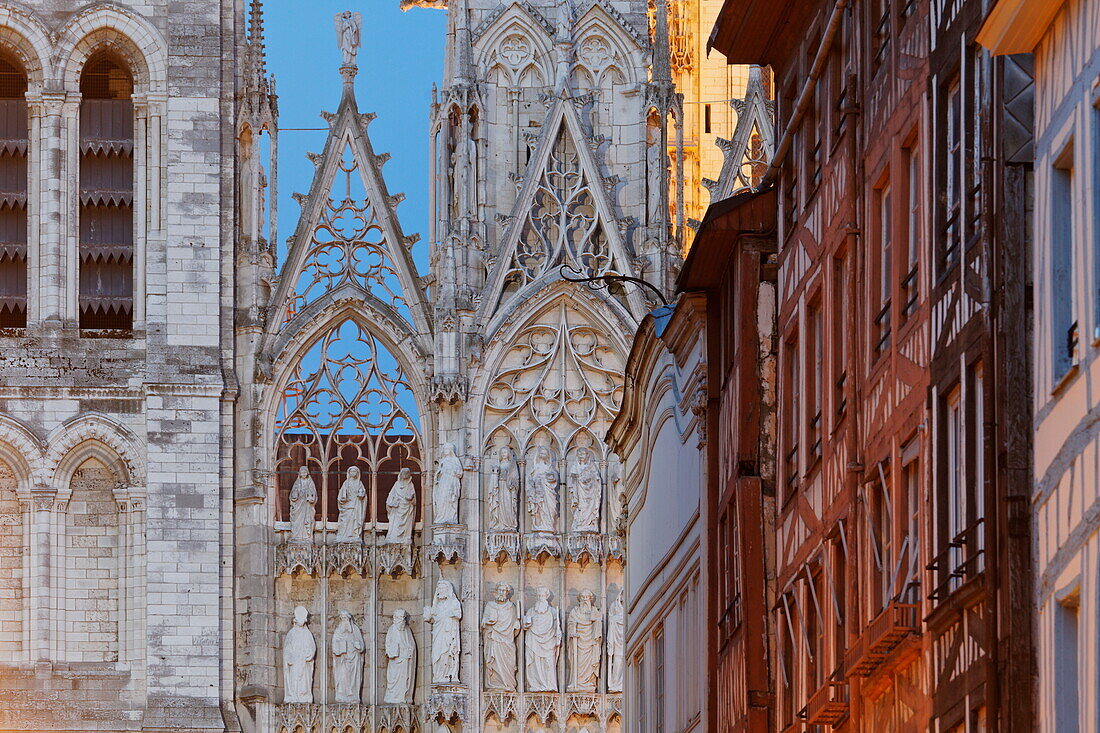 Facades in the rue du Gros Horloge and the Cathedral Notre-Dame de f'Assomption, Rouen, Normandy, France