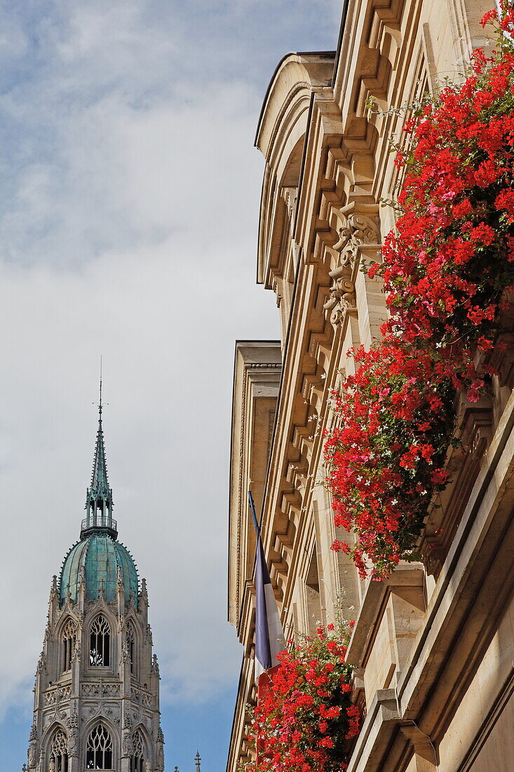 Facade of the town hall, Hotel de Ville and steeple of the cathedral, Bayeux, Lower Normandy, Normandy, France