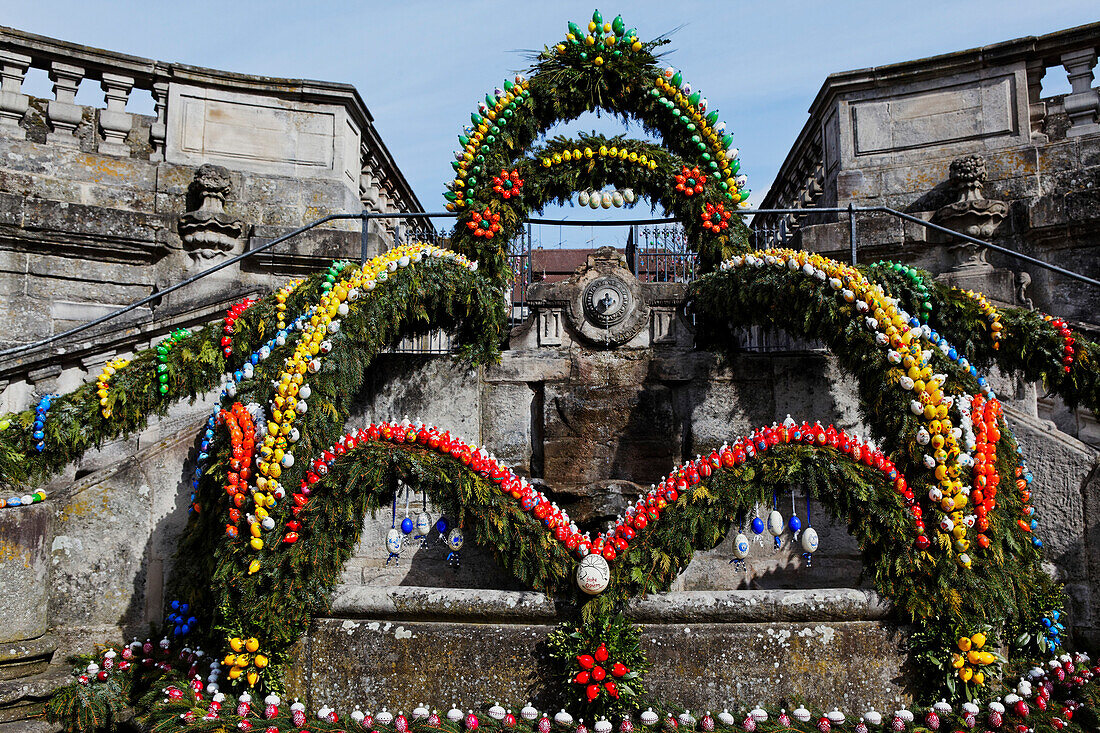 Easter decorations on the fountain of the former Ebrach monastery, Upper Franconia, Bavaria, Germany