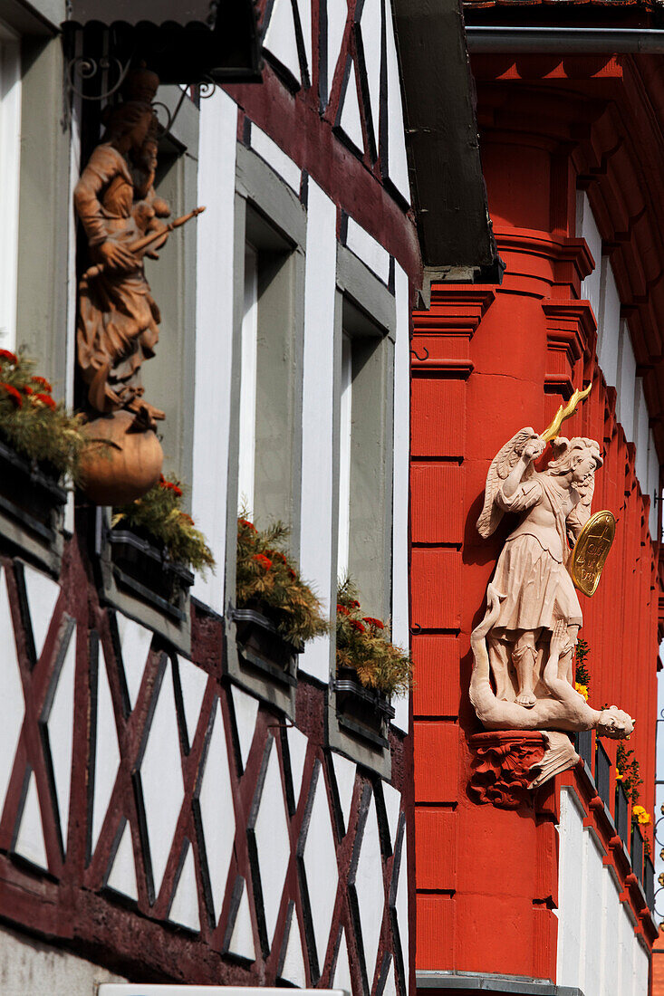 Details on the facades of two timber framed houses, Volkach, Lower Franconia, Bavaria, Germany