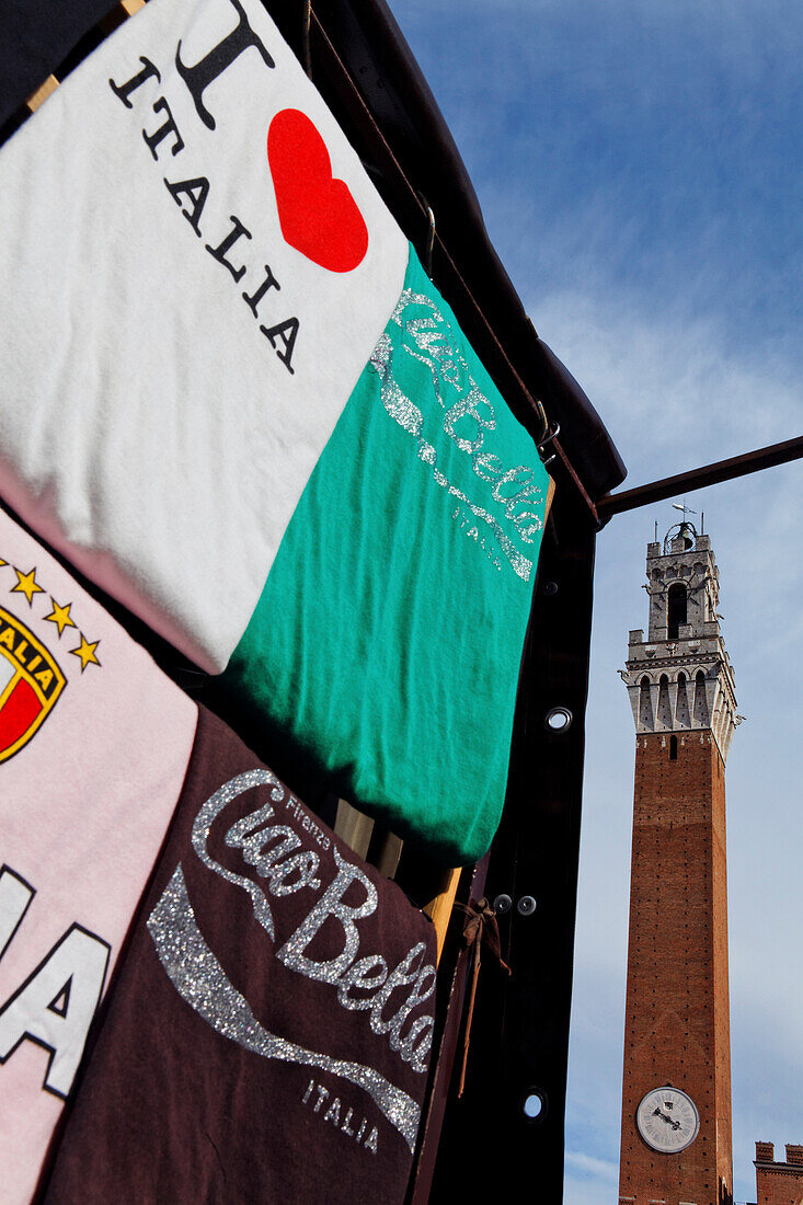 Souvenirs and Tower of the city hall, Il Mangia, Siena, Tuscany, Italy