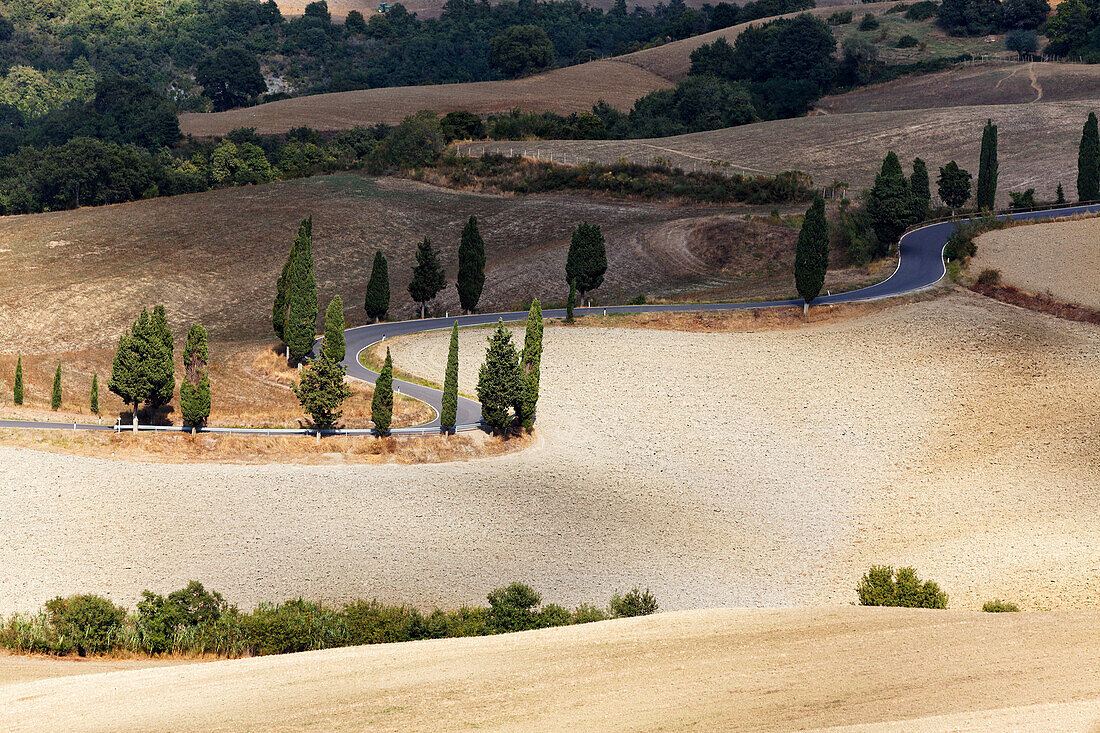 Kurvige Landstraße bei Monticchiello, Toskana, Italien