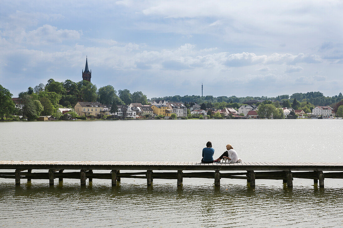 View over lake Feldberger Haussee to Feldberg, Feldberger Seenlandschaft, Mecklenburg-Western Pomerania, Germany