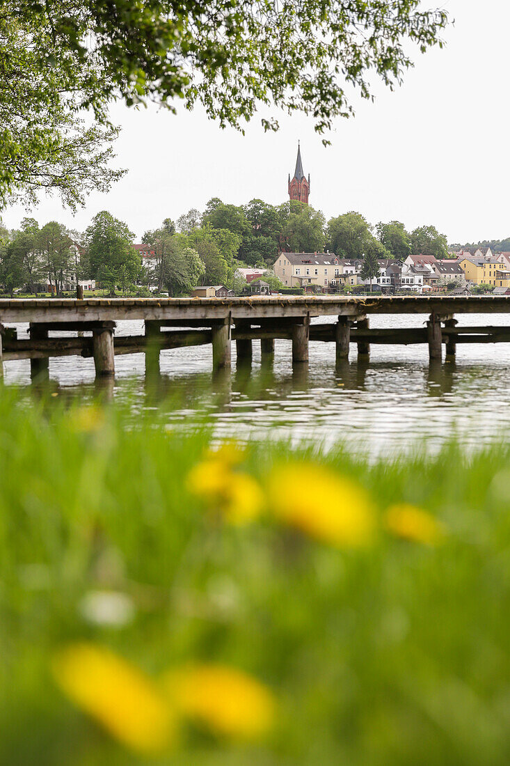 View over lake Feldberger Haussee to Feldberg, Feldberger Seenlandschaft, Mecklenburg-Western Pomerania, Germany