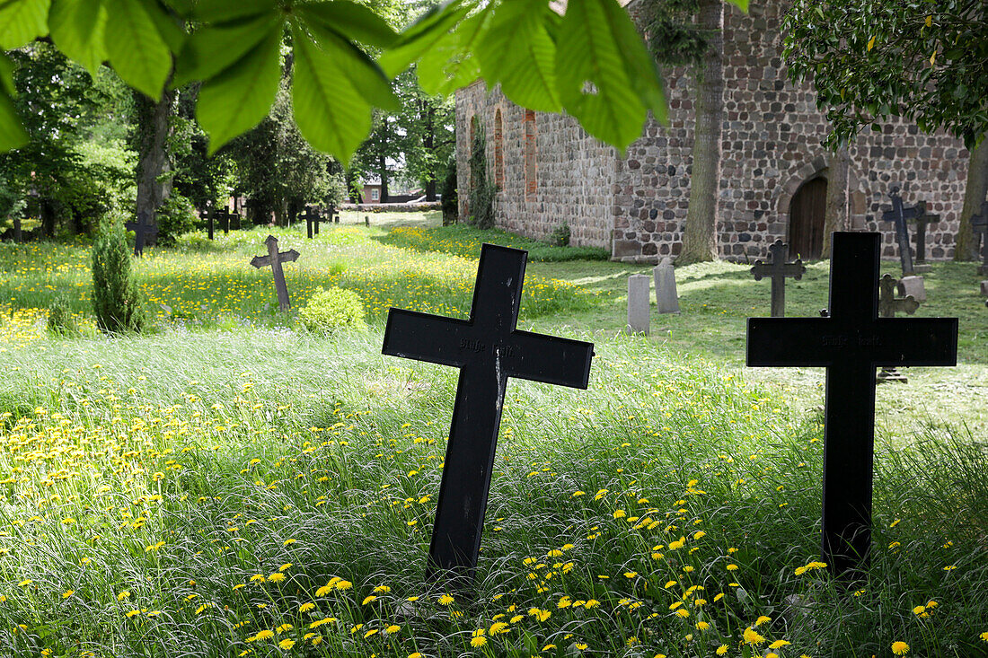 Alter Friedhof bei Feldsteinkirche, Thomsdorf, Boitzenburger Land, Uckermark, Brandenburg, Deutschland