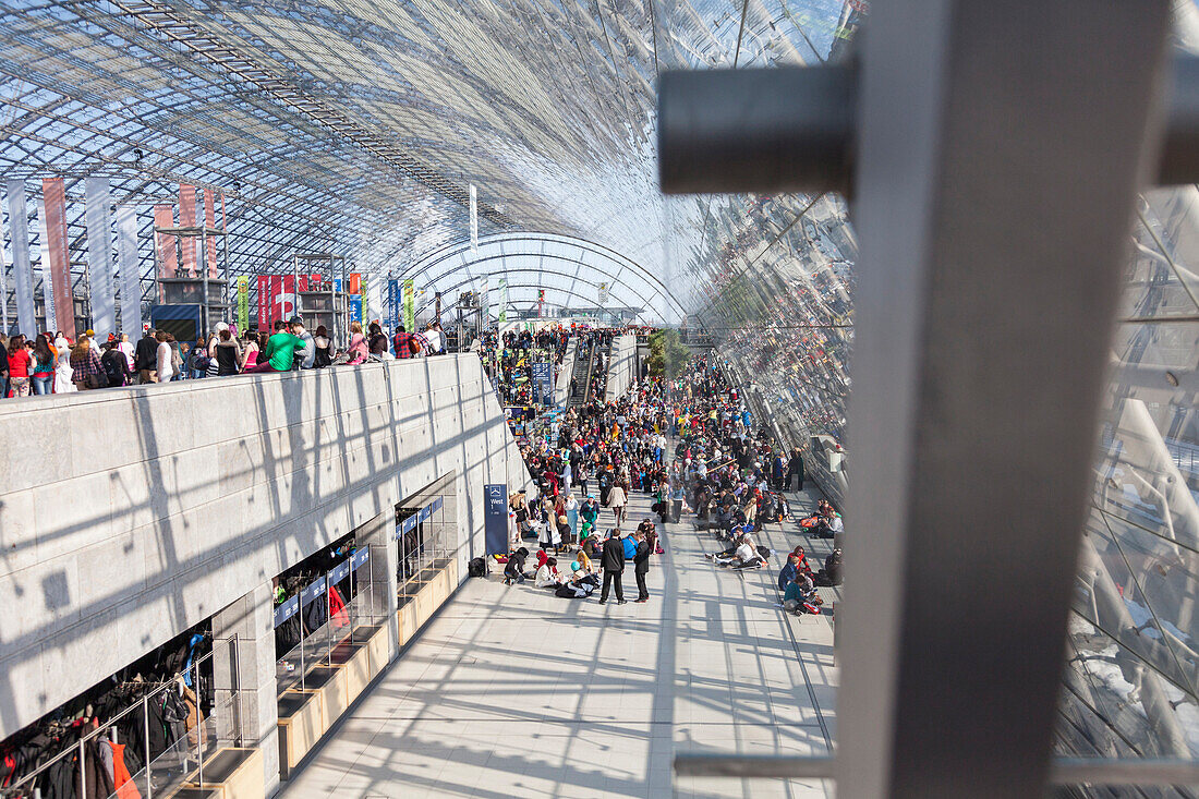 Visitors inside the New Trade Fair building, Leipzig, Saxony, Germany