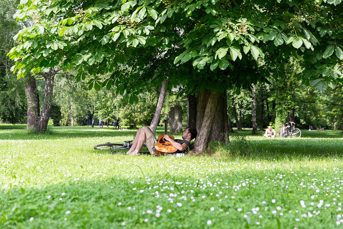 Mann spielt Gitarre unter einem Baum, Friedenspark, Leipzig, Sachsen, Deutschland