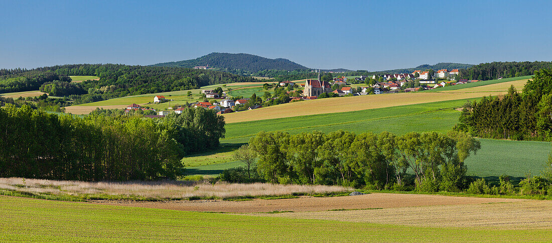Fields near Mariasdorf, pilgrimage church in the background, Burgenland, Austria