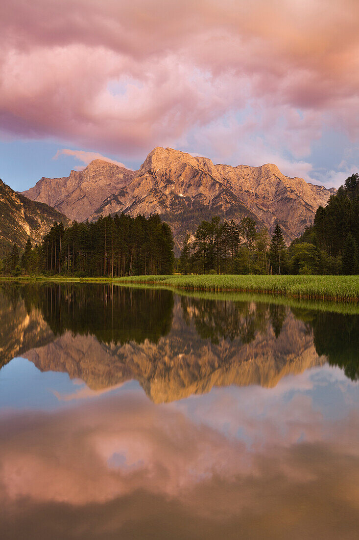 View from Almsee towards the Tote Gebirge mountains, Almtal, Northern Limestone Alps, Upper Austria, Austria