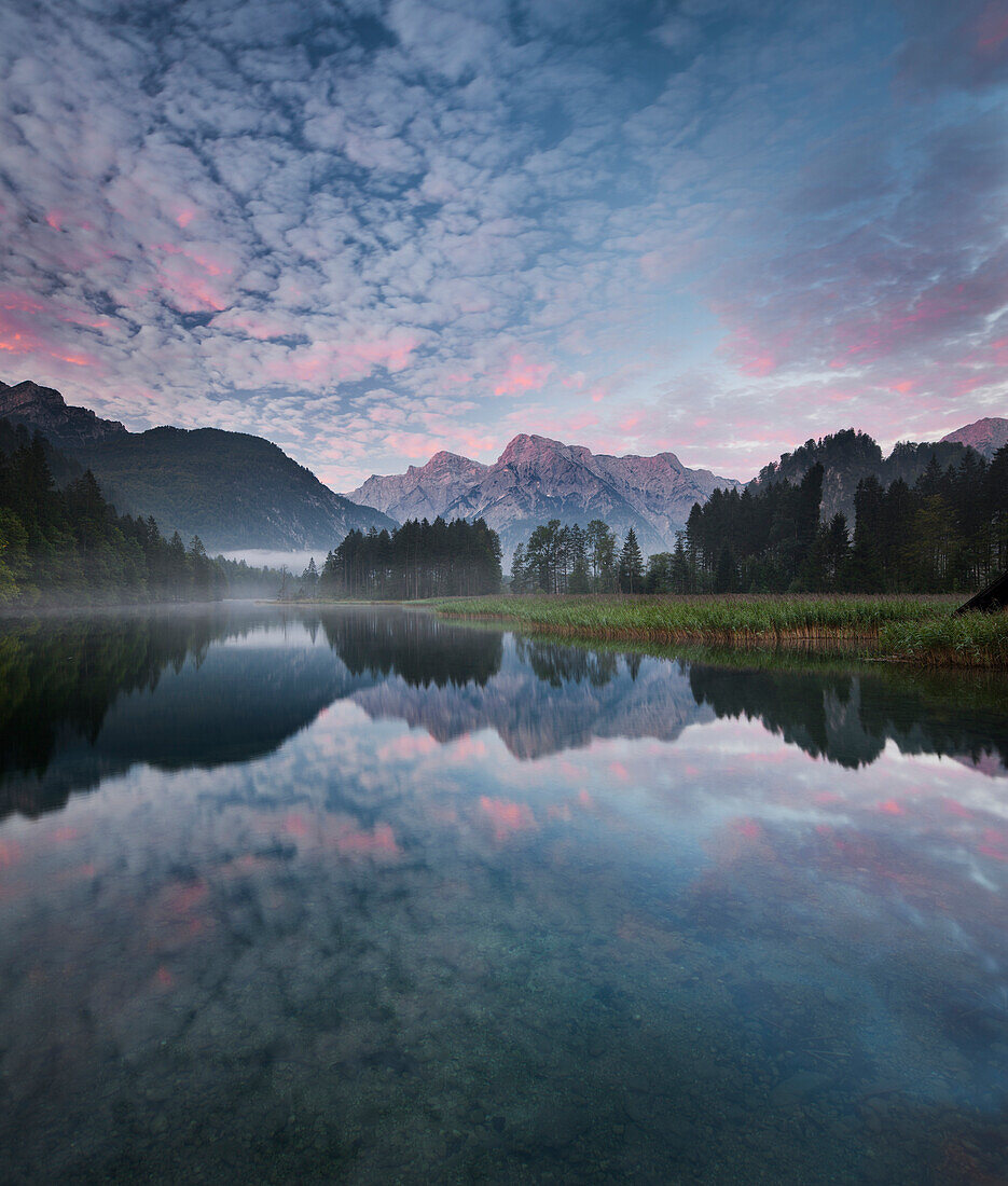 Blick vom Almsee auf das Tote Gebirge, Almtal, nördliche Kalkalpen, Oberösterreich, Österreich