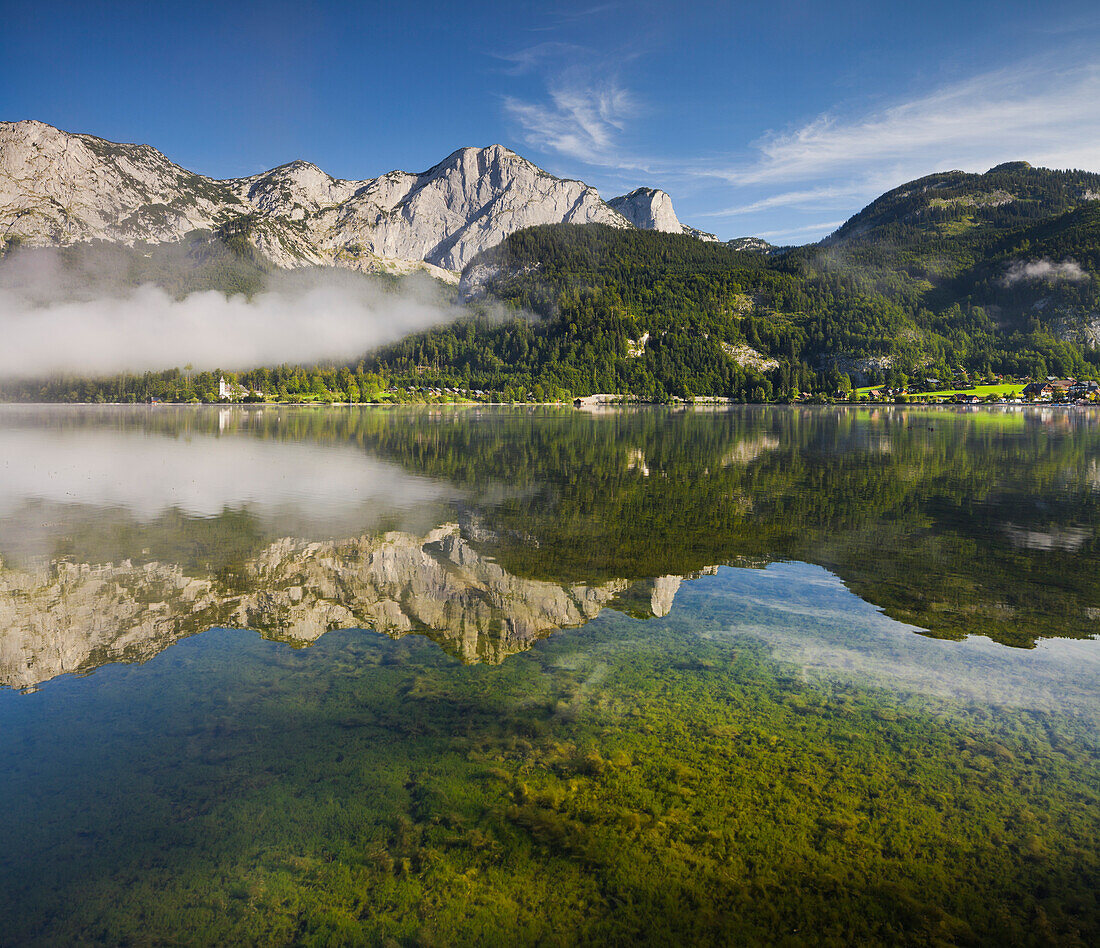 Lake Grundlsee with Backenstein and Reichenstein reflected in the water, Salzkammergut, Styria, Austria