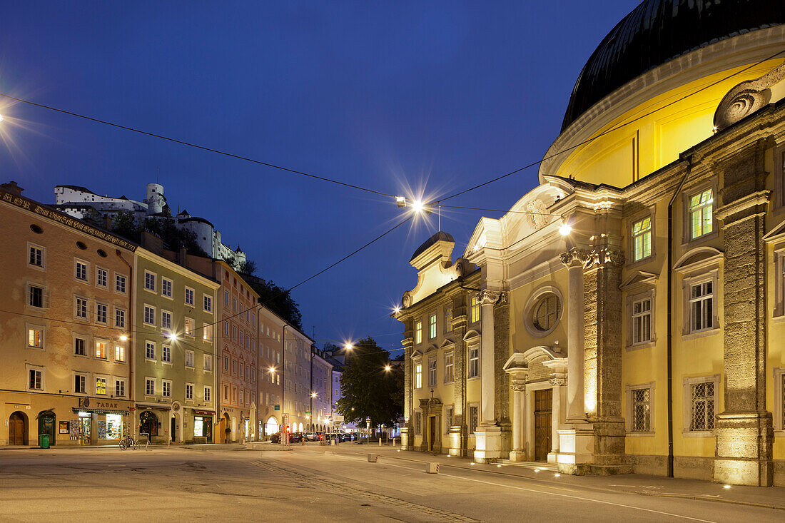 St. Maximilian at night, Kajetaner church, Kajetaner square, Salzburg Stadt, Austria