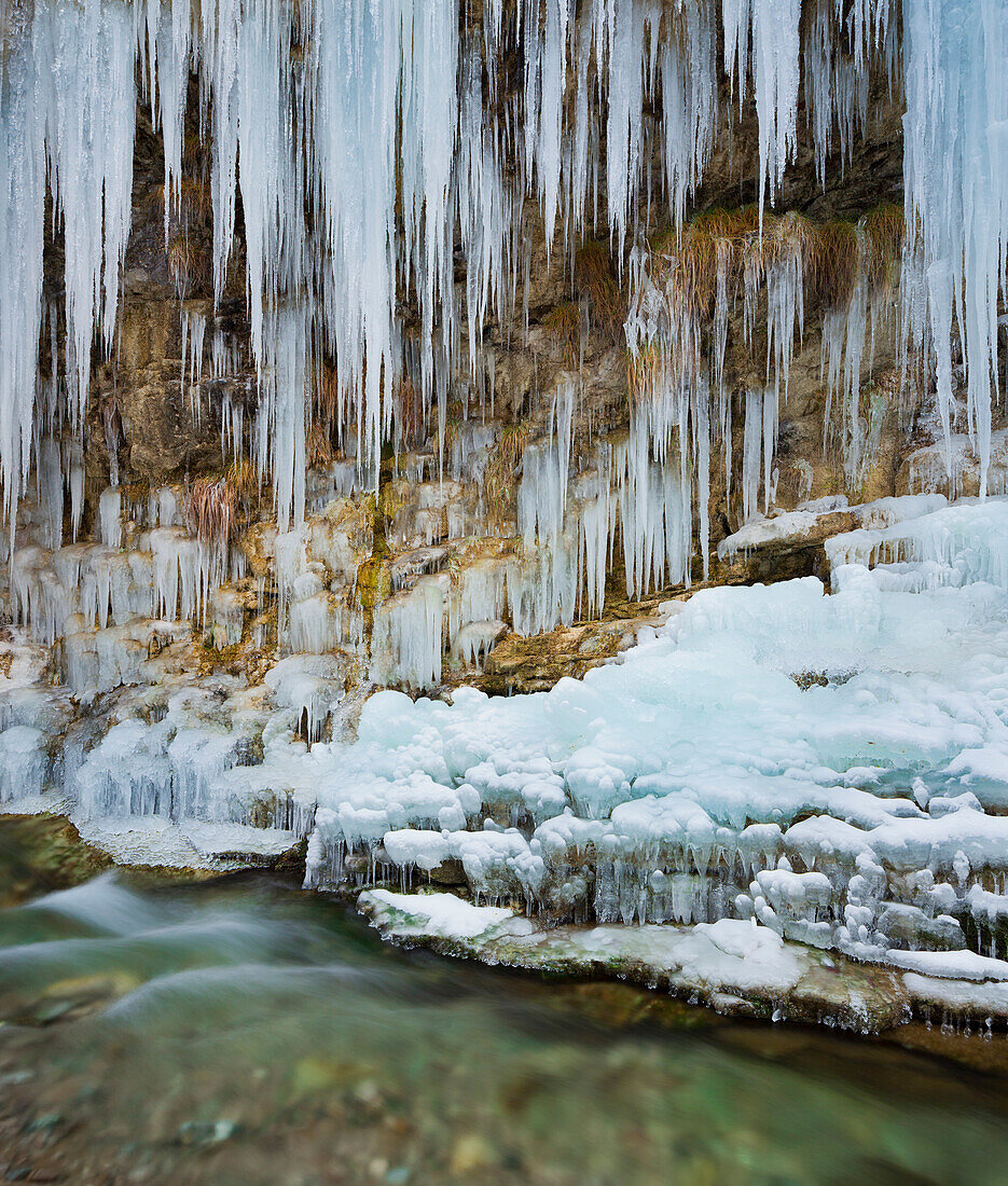 Icicles at Tauglbach stream, Gorge, Hallein, Salzburg Land, Austria