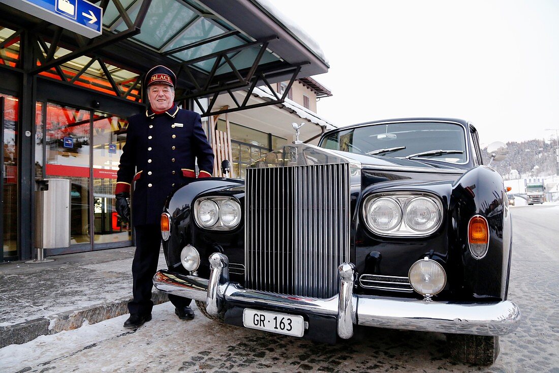 Switzerland, The Graubunden canton, Saint-Moritz, Historic and luxury hotel Badrutt Palace, Martin Lechner portier and driver of one of the 5 Rolls Royce cars